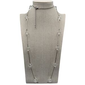 Silver Bar & Faceted Crystal Beaded Necklace Long Layering Chain Minimal Elegant